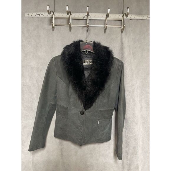 VTG GUESS Jacket Women S Distressed Leather Moto Biker Y2K Penny Lane Faux‎ Fur - Picture 1 of 10